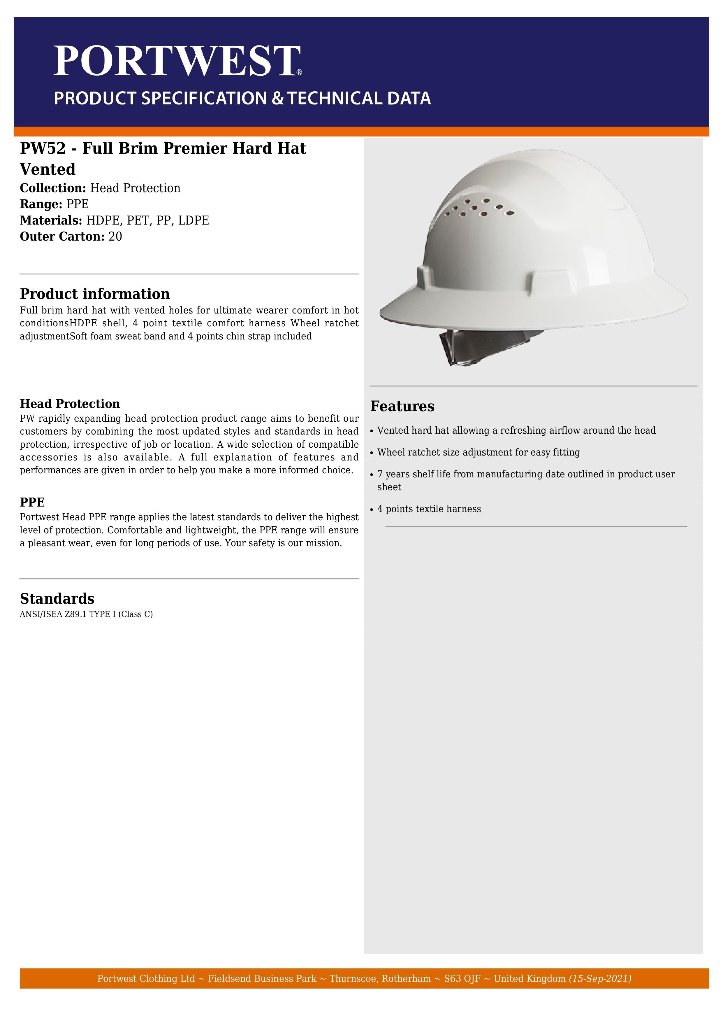 Portwest® Full Brim Vented Hard Hat - PS52